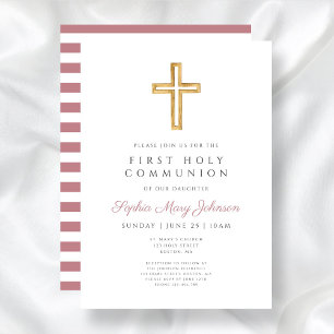 Modern Pink Religious Cross Girl First Communion Invitation