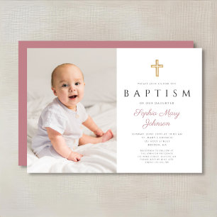Modern Pink Religious Cross Girl Photo Baptism Invitation