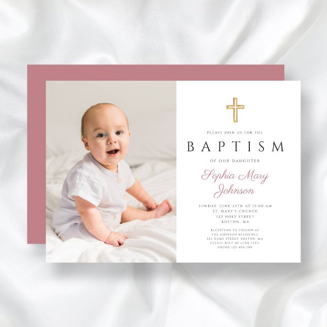 Modern Pink Religious Cross Girl Photo Baptism Invitation (Modern Pink Religious Cross Girl Photo Baptism Invitation)