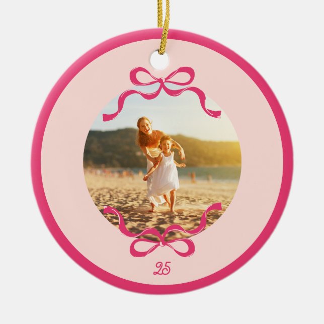 Modern Pink Retro Bows Trendy Christmas photo Ceramic Ornament (Front)