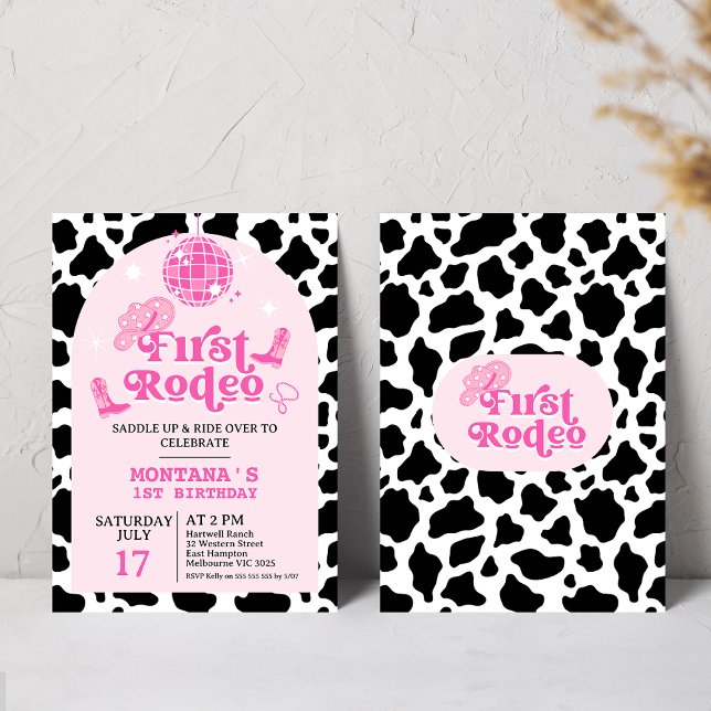 Modern Pink Retro Cowgirl First Rodeo 1st Birthday Invitation (Girls First Rodeo 1st Birthday Invitation, Editable Cowgirl Wild West Cowgirl 1st Rodeo Southwestern)