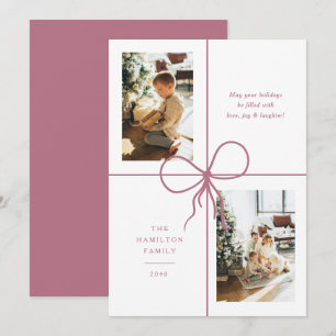 Modern Pink Ribbon Bow Wrap 2 Photo Christmas Holiday Card