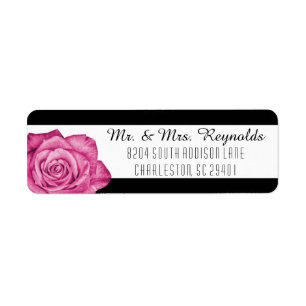 Modern Pink Rose Black & White Striped Custom Return Address Label