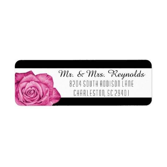 Modern Pink Rose Black & White Striped Custom Return Address Label