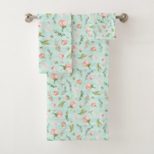 Modern Pink Rose Bud Mint Stripe Pattern Bath Towel Set