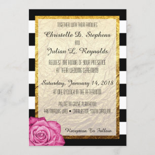 Modern Pink Rose Faux Gold Foil Striped Wedding Invitation