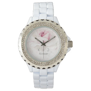Modern Pink Rose Floral Bride Groom Monogram Watch
