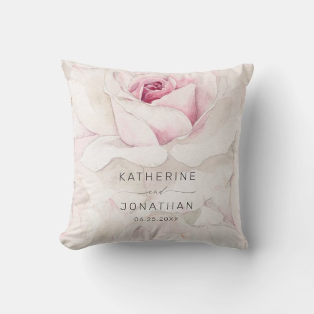 Modern Pink Rose Floral Bride Groom Names Wedding Cushion (Front)