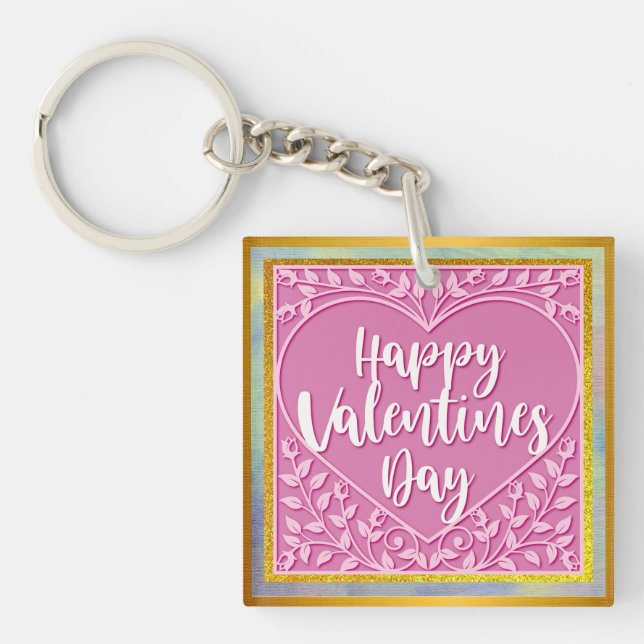 Modern Pink Rose Floral Heart Romantic Valentines Key Ring (Front)