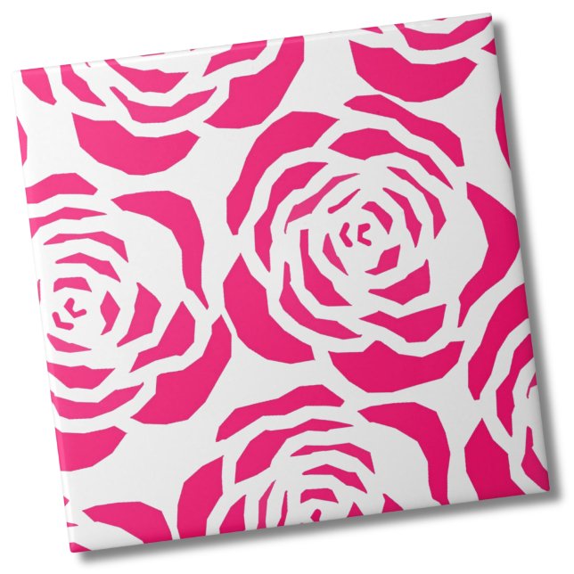 Modern Pink Rose Flower Pattern Ceramic Tile (Abstract Modern Magenta Pink Roses Floral Pattern Ceramic Tile)