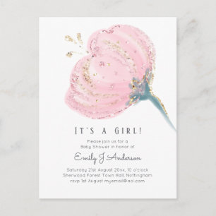 Modern Pink Rose Glitter Its A Girl Baby Shower Postcard