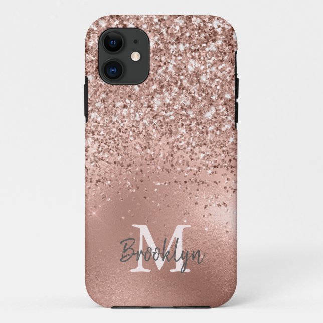 Modern Pink Rose Gold Glitter Confetti Monogrammed Case-Mate iPhone Case (Back)