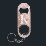 Modern Pink Rose Gold Glitter Diamond Monogram  Ke<br><div class="desc">Elegant, Modern, Luxury, Glam, Sparkle Girly faux rose gold glitter diamond confetti custom personalised monogrammed keychain bottle opener. Features a faux pink rose gold brushed metal background, with blush pink rose gold glitter and white diamonds confetti. Beautiful name template in hand lettering calligraphy font script with swashes. Add your name...</div>