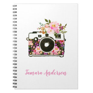 Modern Pink Rose Gold Trendy Floral Camera Notebook