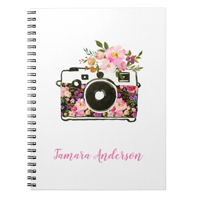 Modern Pink Rose Gold Trendy Floral Camera Notebook (Front)