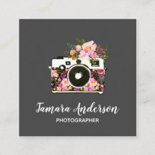 Modern Pink Rose Grey Floral Camera Photographer Square Business Card