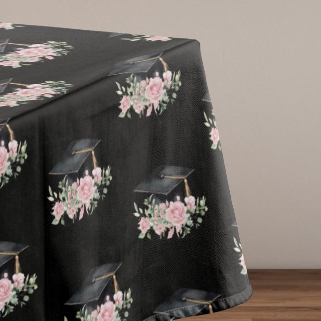 Modern Pink Roses Black Grad Cap Graduation Tablecloth (Creator Uploaded)
