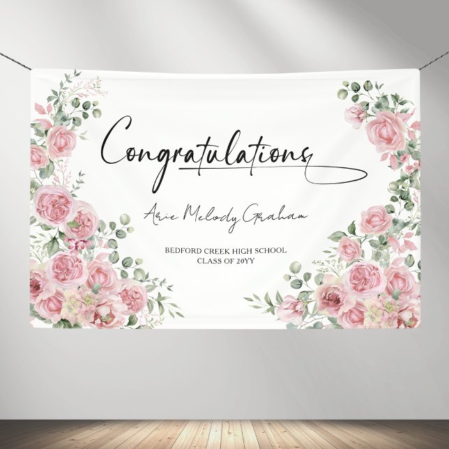 Modern Pink Roses Congratulation Graduation Banner (Creator Uploaded)