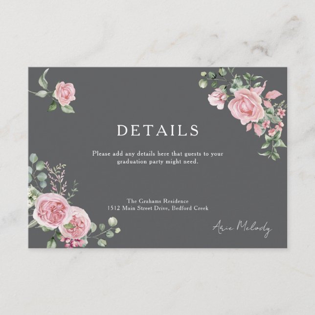 Modern Pink Roses Details Graduation Enclosure Card (Front)