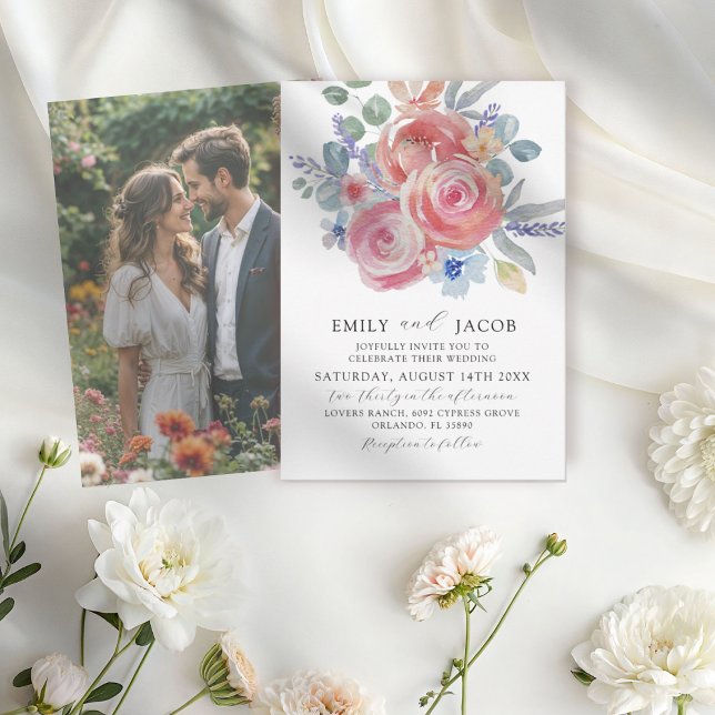 Modern Pink Roses & Eucalyptus Watercolor Wedding Invitation (Creator Uploaded)