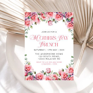 Modern Pink Roses Floral Mothers Day Brunch Invitation