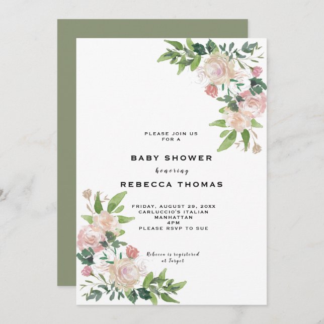 modern pink roses greenery baby shower invitation (Front/Back)