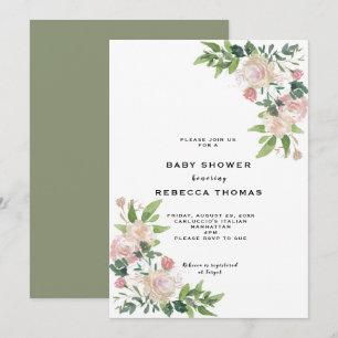 modern pink roses greenery baby shower invitation
