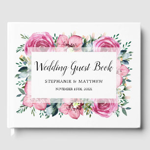Modern Pink Roses Orchid Floral Watercolor Wedding Guest Book