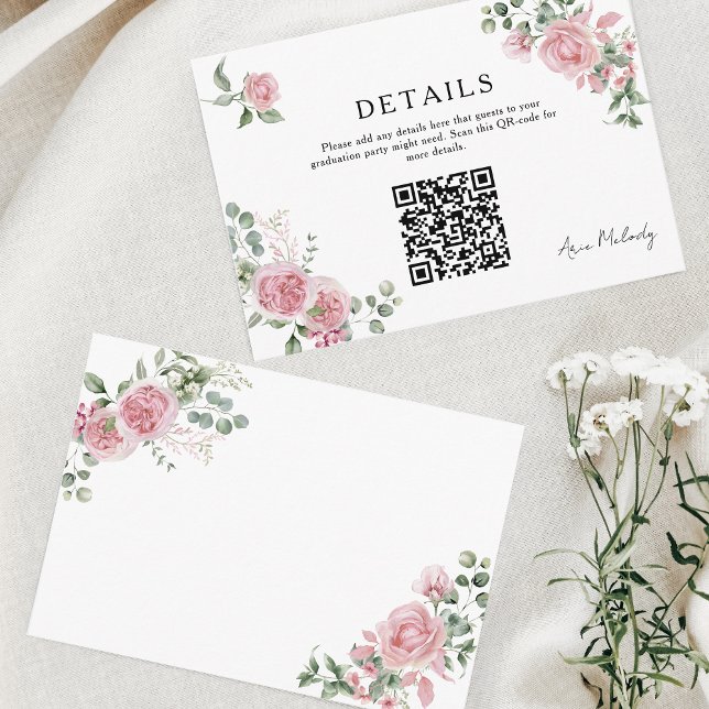 Modern Pink Roses QR-code Details Graduation Enclosure Card (Creator Uploaded)