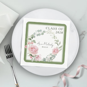 Modern Pink Roses Script Class of Graduation Napkin