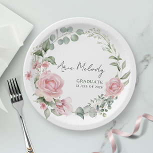 Modern Pink Roses Script Class of Graduation Paper Plate