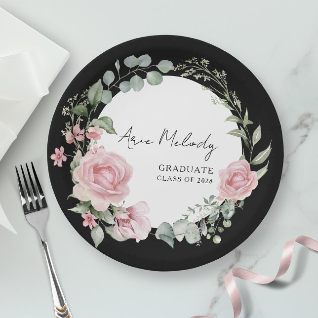 Modern Pink Roses Script Class of Graduation Paper Plate (Creator Uploaded)