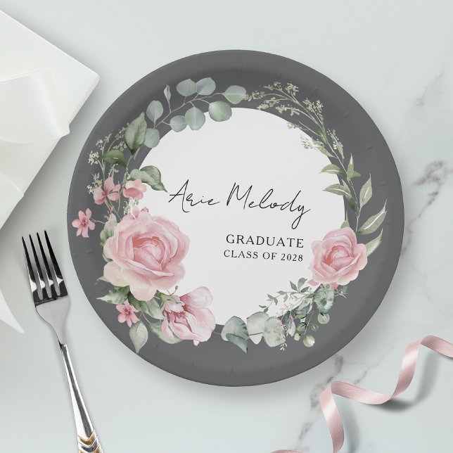 Modern Pink Roses Script Class of Graduation Paper Plate (Creator Uploaded)