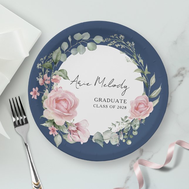 Modern Pink Roses Script Class of Graduation Paper Plate (Creator Uploaded)