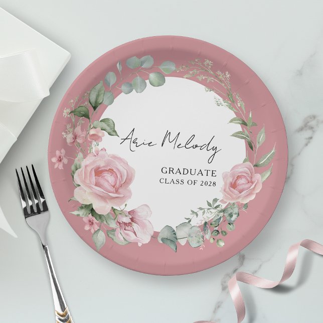 Modern Pink Roses Script Class of Graduation Paper Plate (Creator Uploaded)
