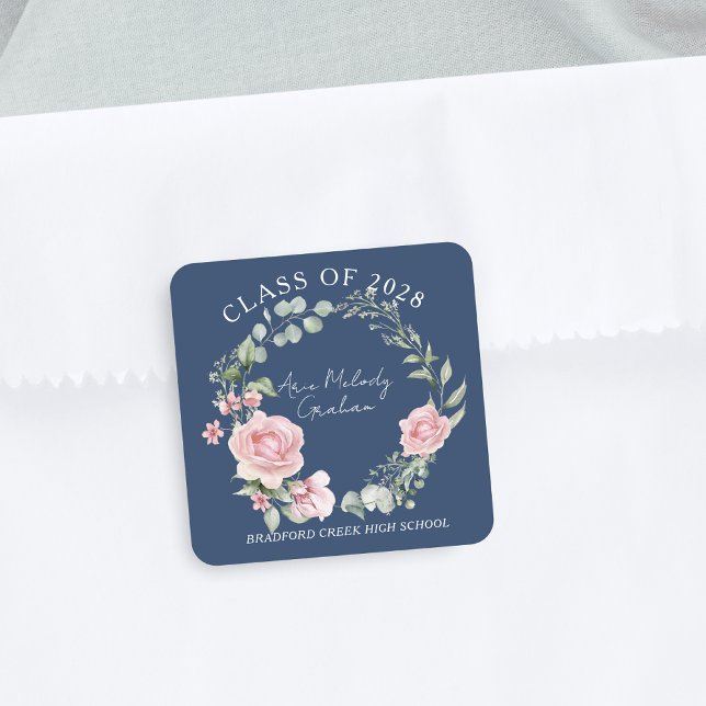 Modern Pink Roses Script Class of Graduation Square Sticker (Creator Uploaded)