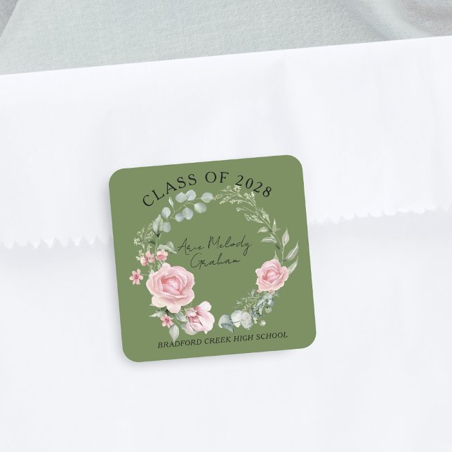 Modern Pink Roses Script Class of Graduation Square Sticker (Creator Uploaded)