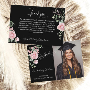 Modern Pink Roses Script Graduation Photo Thank You Card