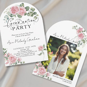 Modern pink roses script photo graduation invitation