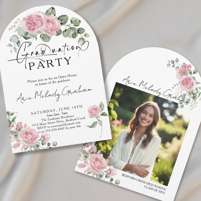 Modern pink roses script photo graduation invitation (Creator Uploaded)