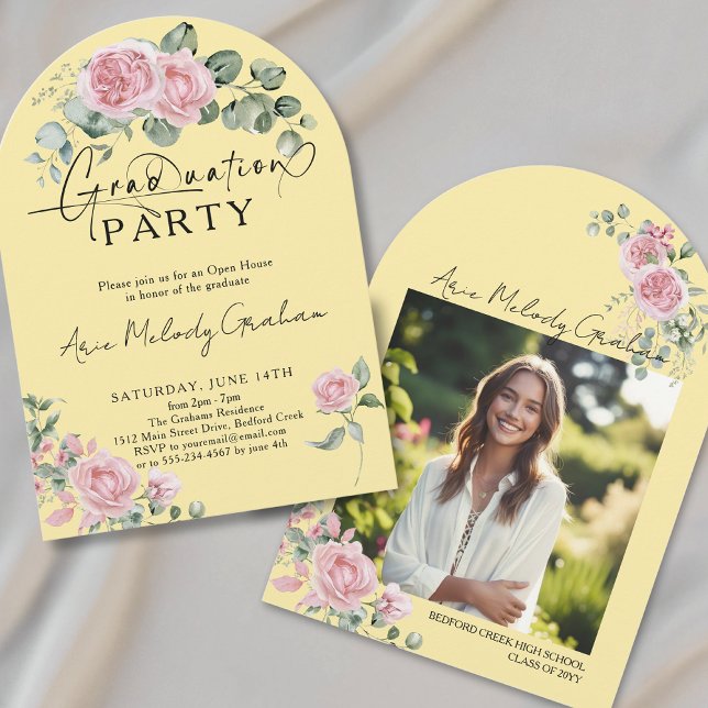 Modern pink roses script photo graduation invitation (Creator Uploaded)