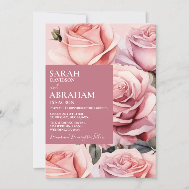 Modern Pink Roses Wedding Invitation (Front)