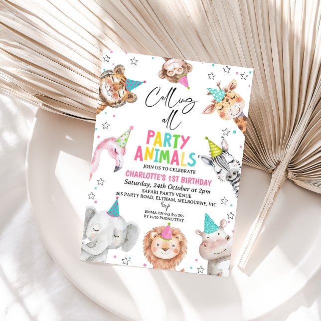Modern Pink Safari Calling Party Animals Birthday Invitation (Colorful Safari Party Animals 1st Birthday Invitation, Calling All Party Animals Birthday Invite )