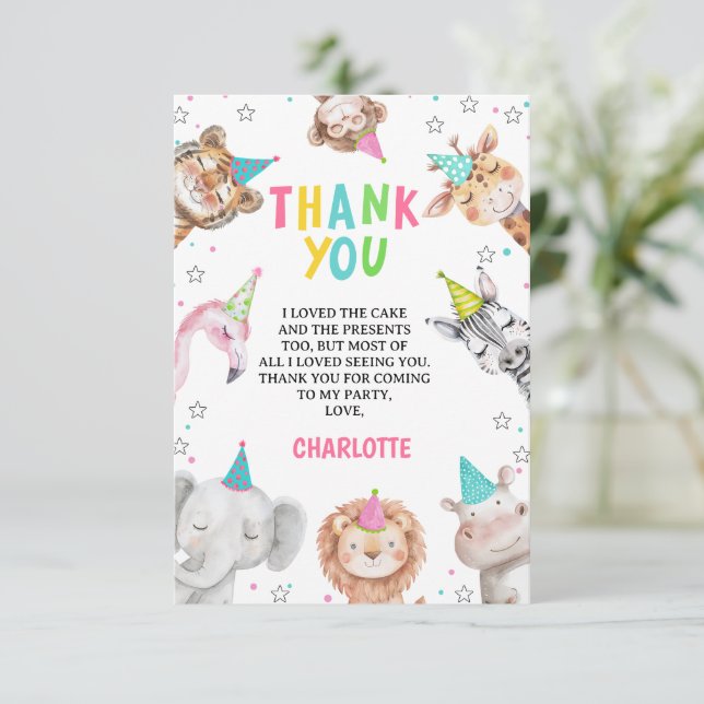 Modern Pink Safari Calling Party Animals Birthday Thank You Card (Standing Front)