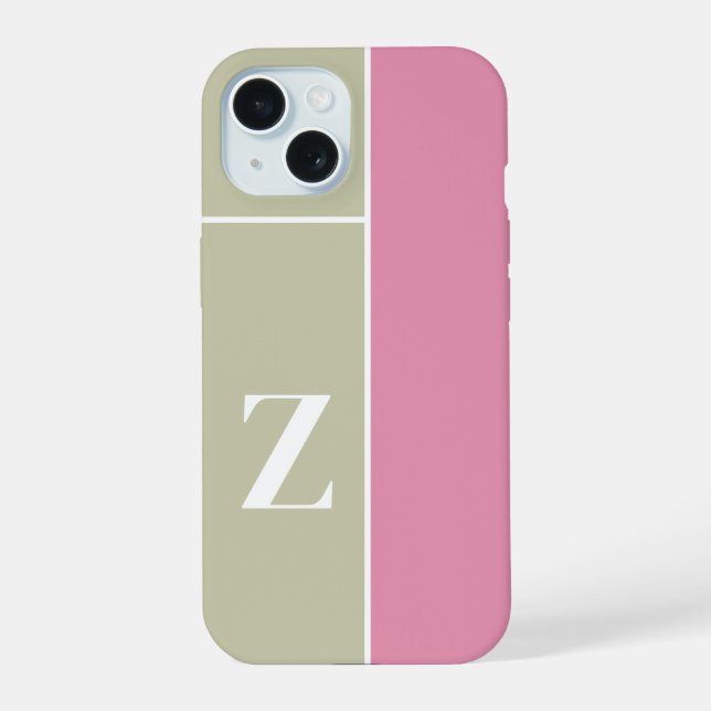 Modern Pink Sage Green Monogram iPhone 15 Case (Back)