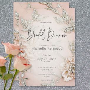Modern Pink Satin Embroidery & Glam Bridal Brunch Invitation