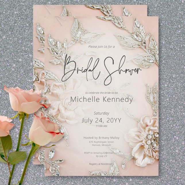 Modern Pink Satin Embroidery & Glam Bridal Shower Invitation (Modern Pink Satin Embroidery & Glam Bridal Shower Invitation)