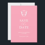 Modern Pink Save The Date<br><div class="desc">Announce your engagement with these minimal wedding save the date invitations. They feature a mix of classic and script typography in white over a trendy pink background with a monogram crest at the top. Use the template fields to personalise with your name and wedding date. Even customise the colours to...</div>