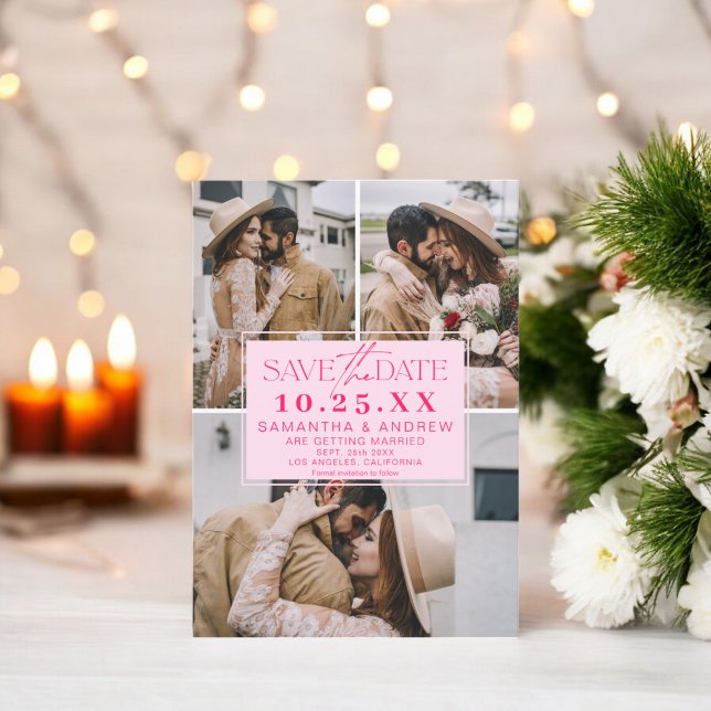Modern pink save the date 3 photos grid collage (Modern pink save the date 3 photos grid collage)