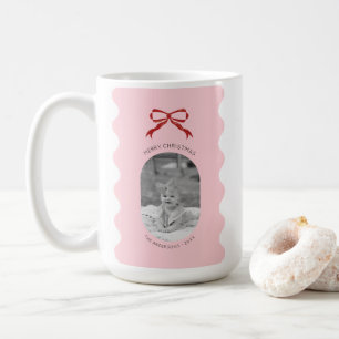 Modern Pink Scalloped Red Bow Christmas Photo  Coffee Mug